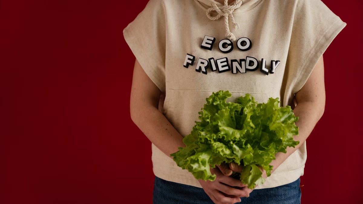 Woman in an eco-friendly hoodie holding fresh lettuce against a red background.